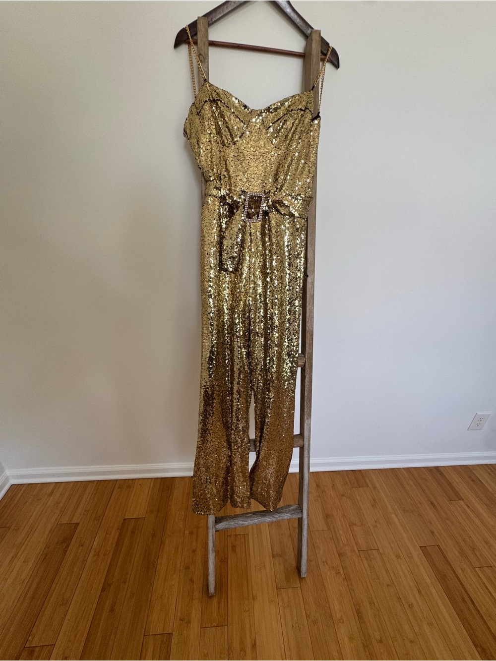 Gold Sequin Strap Jumpsuit with Belt